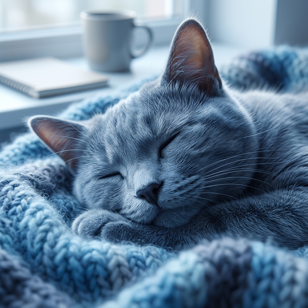Soft 3d render of cat, close-up detail with shallow depth of field, cool blue tones, quiet atmosphere, 1:1 aspect ratio