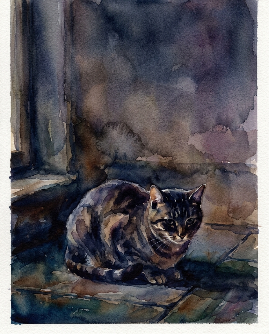 Watercolor illustration of cat, wide shot with open space at the top for text, moody dark tones, dramatic lighting, 4:5 aspect ratio