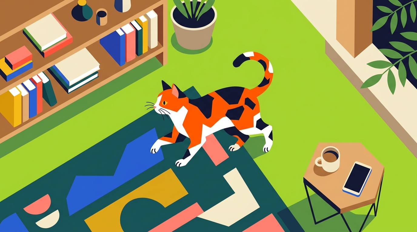 Minimal flat illustration of cat, high-angle view from above, vivid colors, high contrast, energetic, 16:9 aspect ratio
