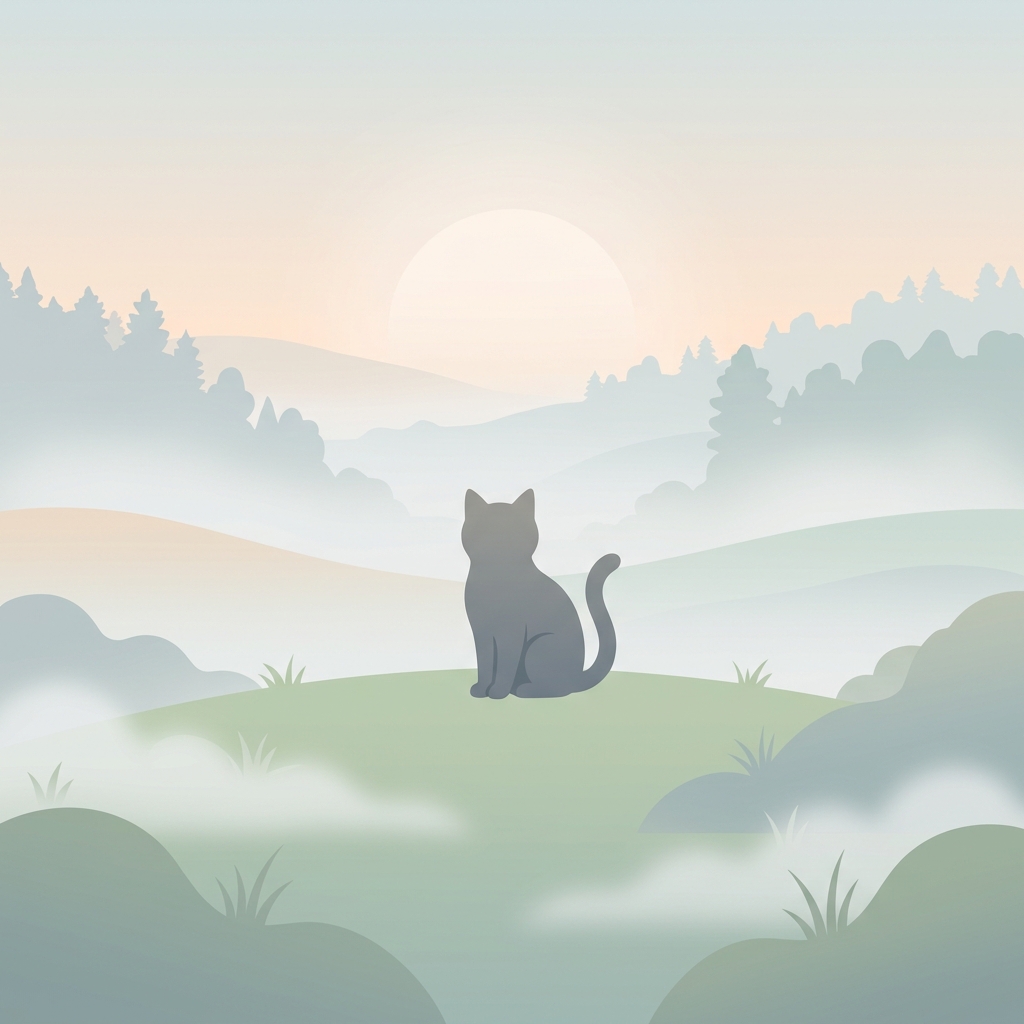 Minimal flat illustration of cat, centered subject with a simple uncluttered composition, misty morning haze, dreamy, 1:1 aspect ratio