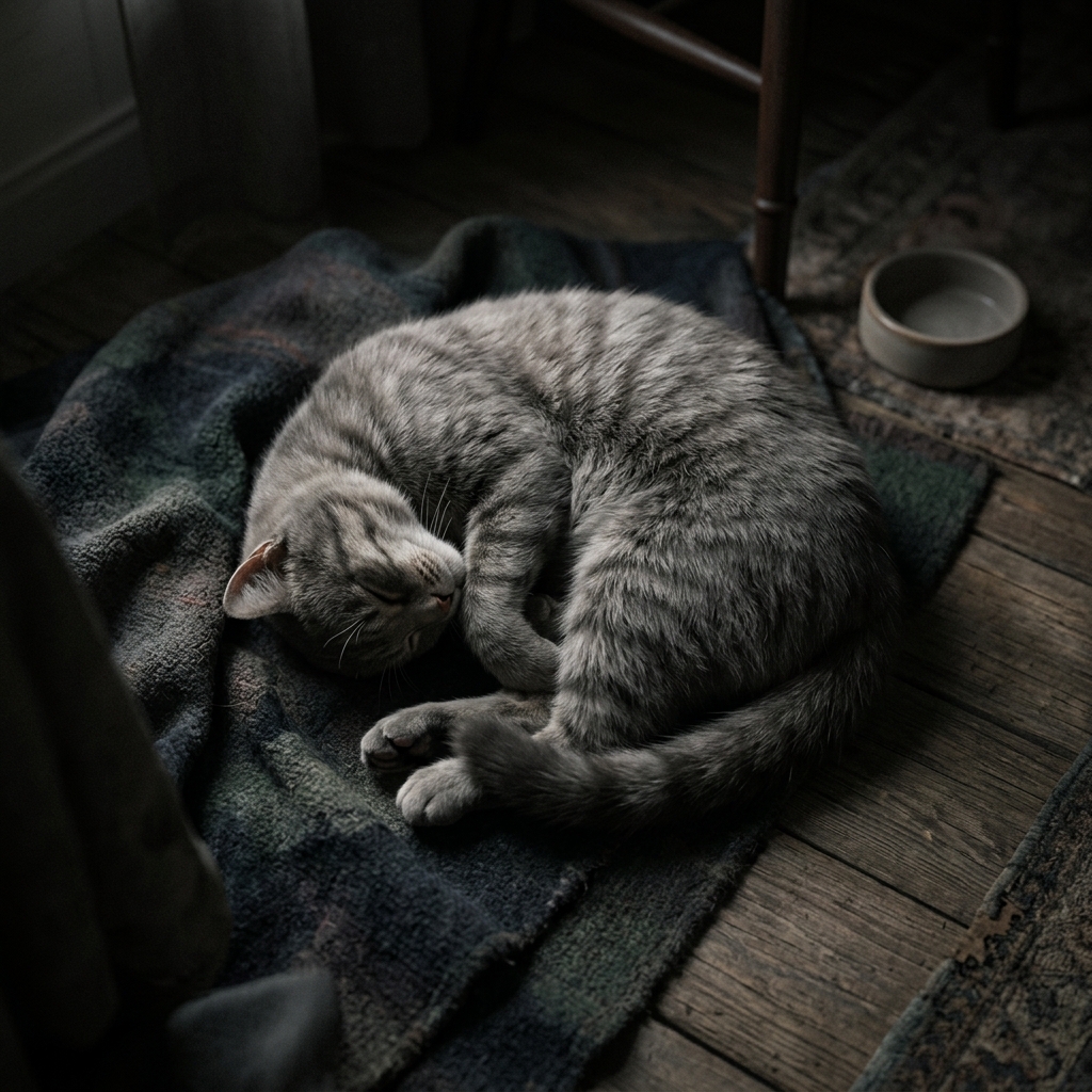 Soft 3d render of cat, high-angle view from above, moody dark tones, dramatic lighting, 1:1 aspect ratio