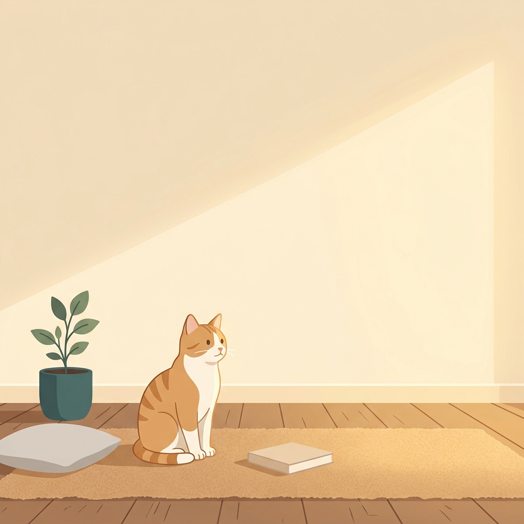 고양이, 미니멀 플랫 일러스트, 위쪽에 글자 넣을 여백이 있는 넓은 구도, 따뜻한 황금빛, 차분한 분위기, 1:1 비율