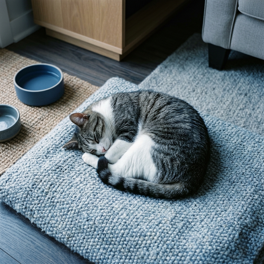 Photorealistic photo of cat, high-angle view from above, cool blue tones, quiet atmosphere, 1:1 aspect ratio