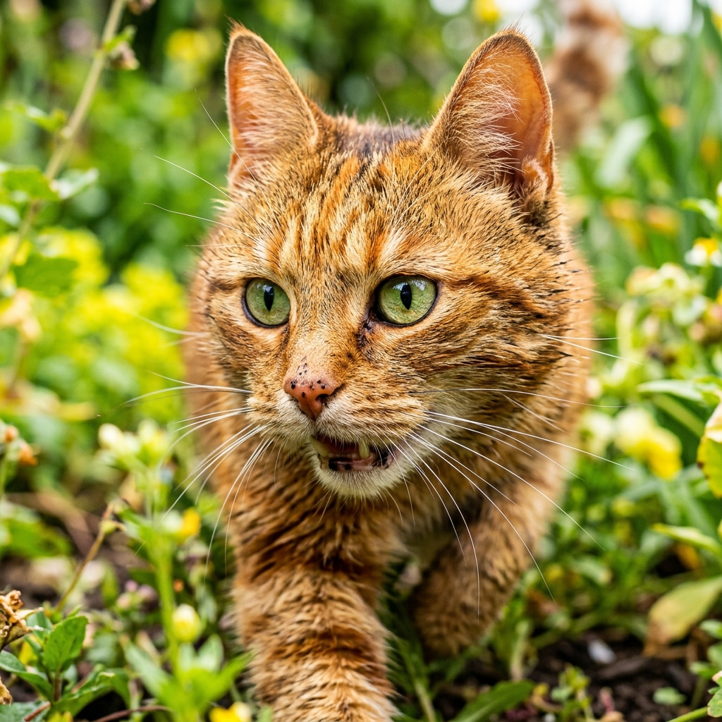 Photorealistic photo of cat, close-up detail with shallow depth of field, vivid colors, high contrast, energetic, 1:1 aspect ratio