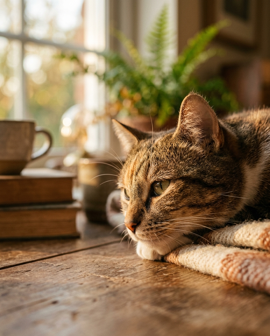 Cinematic film still of cat, close-up detail with shallow depth of field, warm golden light, calm mood, 4:5 aspect ratio
