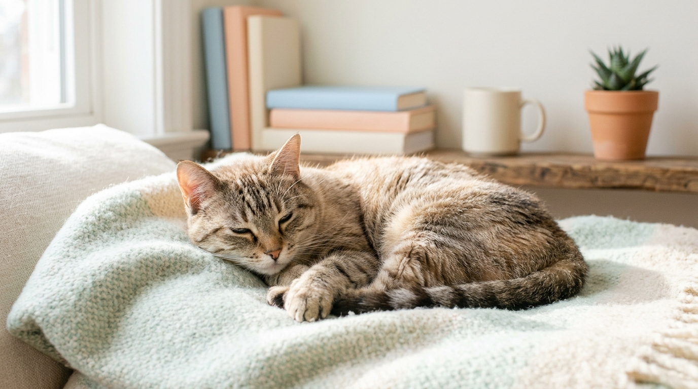 Photorealistic photo of cat, centered subject with a simple uncluttered composition, soft pastel colors, bright and cozy, 16:9 aspect ratio