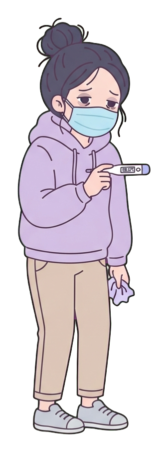 Simple cute flat cartoon illustration with soft pastel colors and thin clean dark outlines of a young woman, person with a cold wearing a face mask and holding a thermometer, transparent background PNG