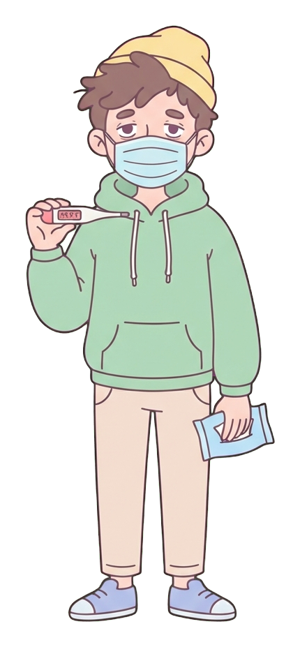 Simple cute flat cartoon illustration with soft pastel colors and thin clean dark outlines of a young man, person with a cold wearing a face mask and holding a thermometer, transparent background PNG