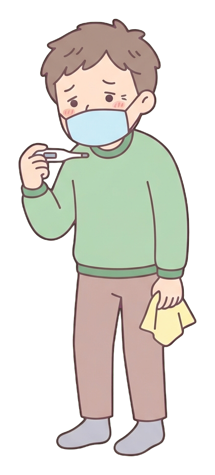 Simple cute flat cartoon illustration with soft pastel colors and thin clean dark outlines of a middle-aged man, person with a cold wearing a face mask and holding a thermometer, transparent background PNG