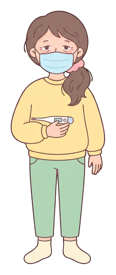 Simple cute flat cartoon illustration with soft pastel colors and thin clean dark outlines of a middle-aged woman, person with a cold wearing a face mask and holding a thermometer, transparent background PNG