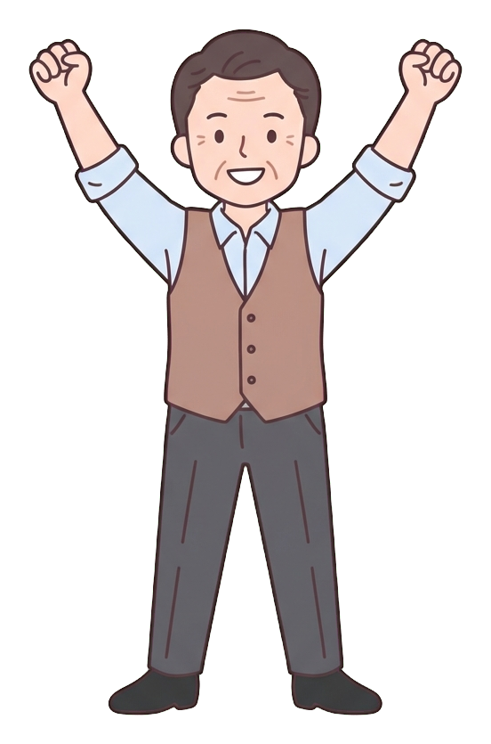 Simple cute flat cartoon illustration with soft pastel colors and thin clean dark outlines of a middle-aged man, office worker raising both arms to celebrate success, transparent background PNG