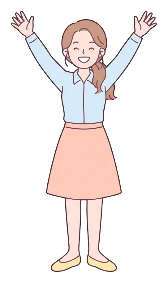 Simple cute flat cartoon illustration with soft pastel colors and thin clean dark outlines of a young woman, office worker raising both arms to celebrate success, transparent background PNG