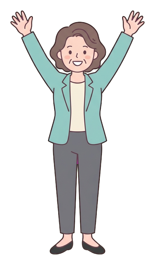 Simple cute flat cartoon illustration with soft pastel colors and thin clean dark outlines of a middle-aged woman, office worker raising both arms to celebrate success, transparent background PNG