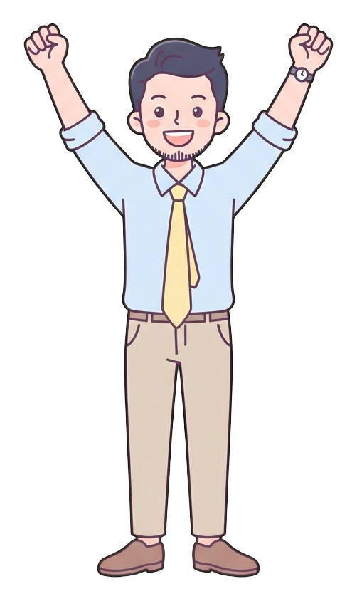Simple cute flat cartoon illustration with soft pastel colors and thin clean dark outlines of a young man, office worker raising both arms to celebrate success, transparent background PNG