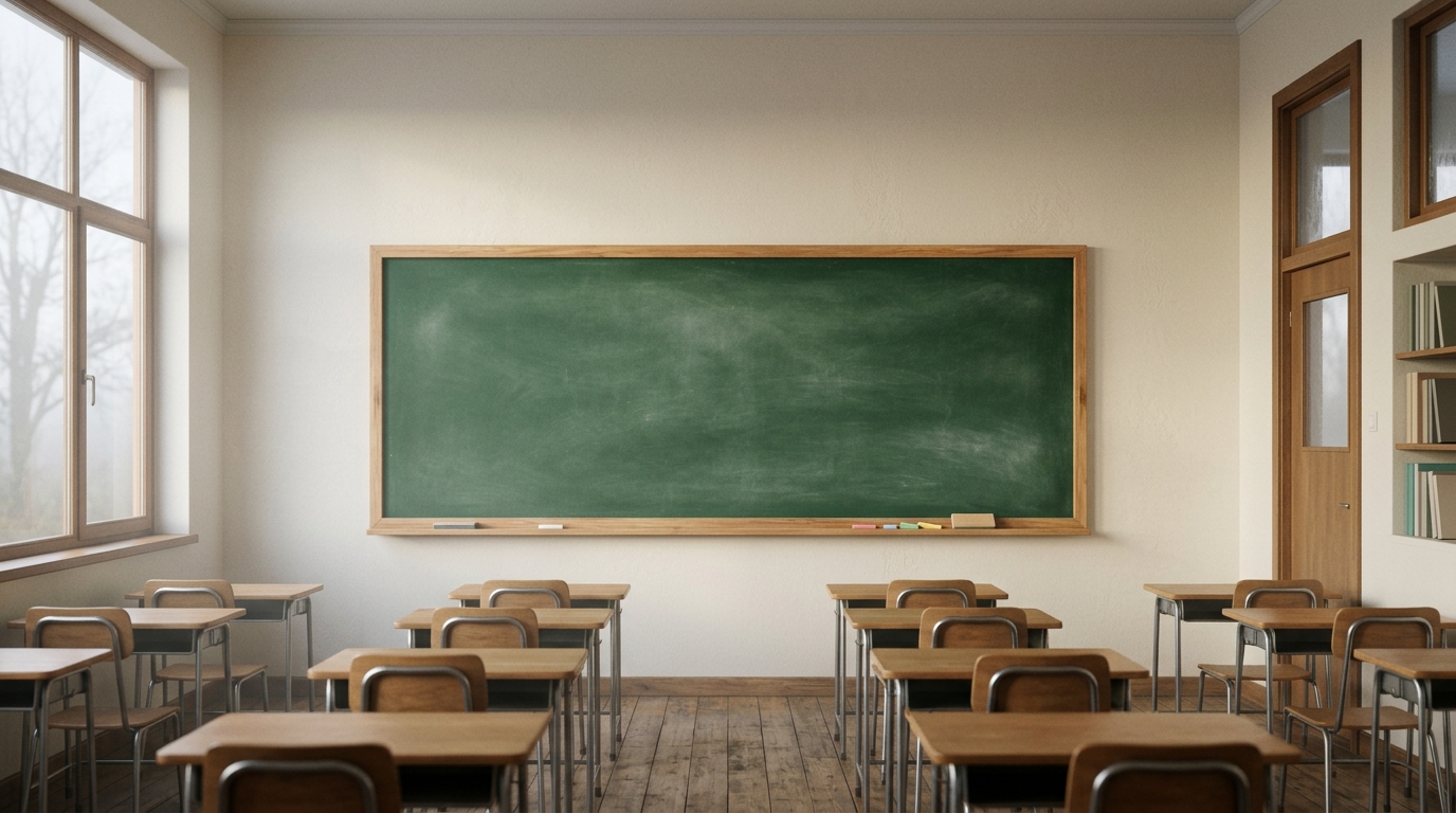 Photorealistic photo of a blank green chalkboard in a classroom, wide shot with open space at the top for text, misty morning haze, dreamy, 16:9 aspect ratio