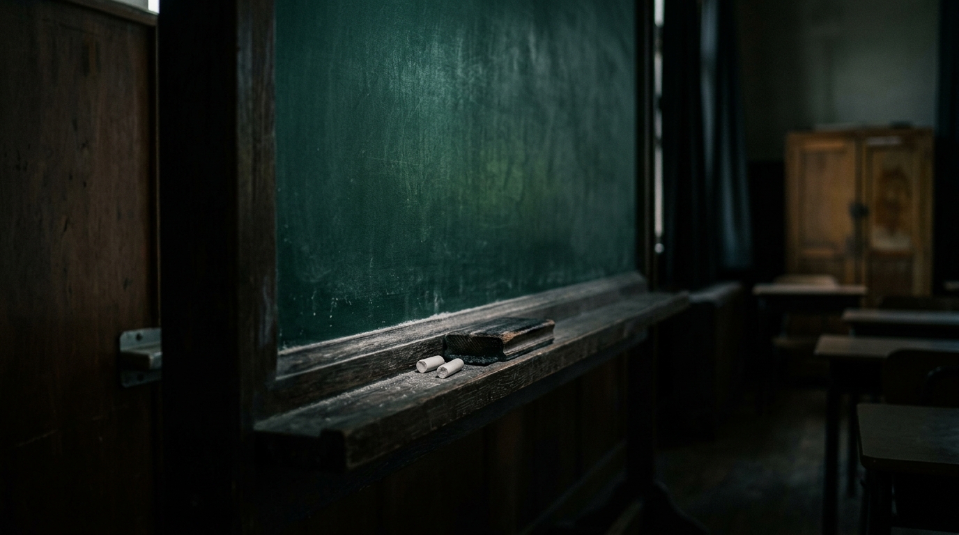 Minimal flat illustration of a blank green chalkboard in a classroom, close-up detail with shallow depth of field, moody dark tones, dramatic lighting, 16:9 aspect ratio