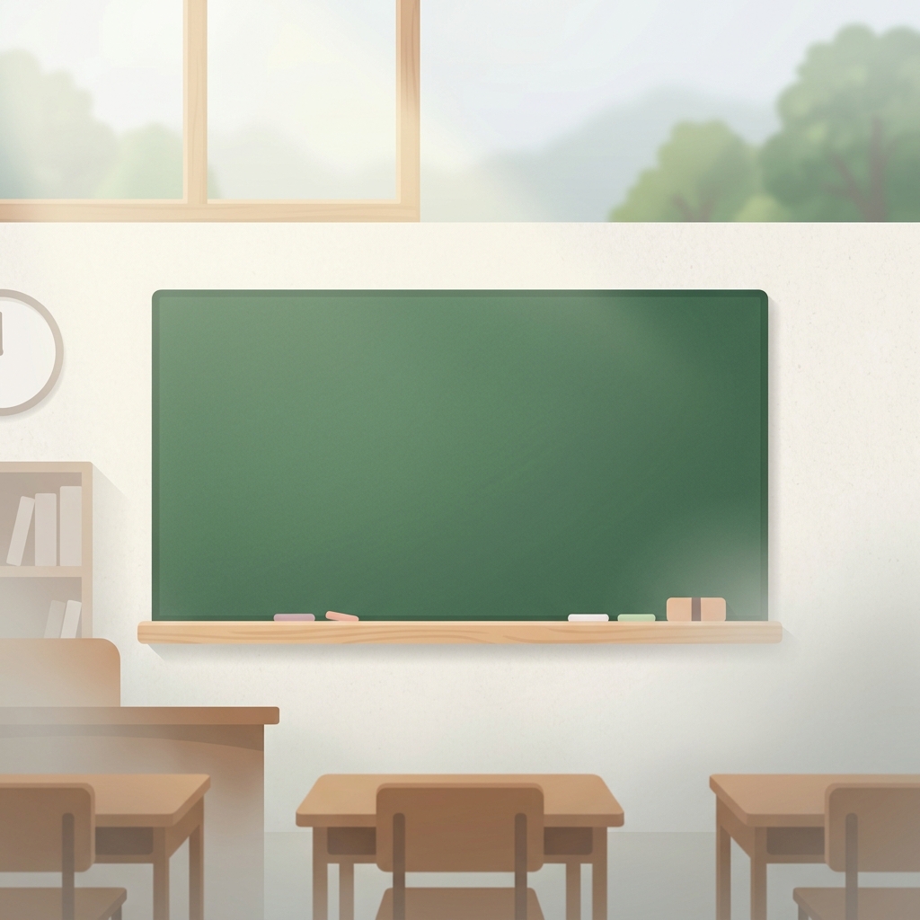 교실의 비어 있는 초록 칠판, 미니멀 플랫 일러스트, 단순하고 깔끔한 구도 가운데 놓인 피사체, 아침 안개, 몽환적인 분위기, 1:1 비율