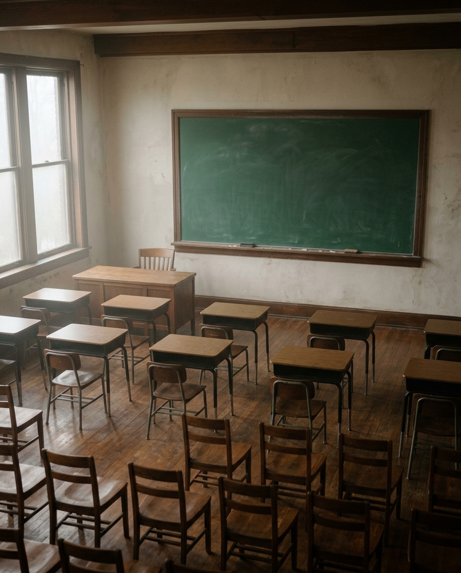 Cinematic film still of a blank green chalkboard in a classroom, high-angle view from above, misty morning haze, dreamy, 4:5 aspect ratio