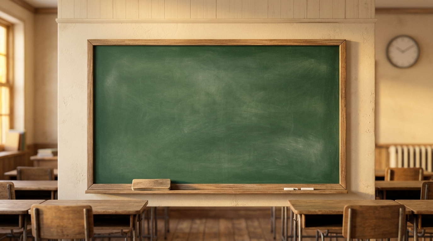 Soft 3d render of a blank green chalkboard in a classroom, centered subject with a simple uncluttered composition, warm golden light, calm mood, 16:9 aspect ratio