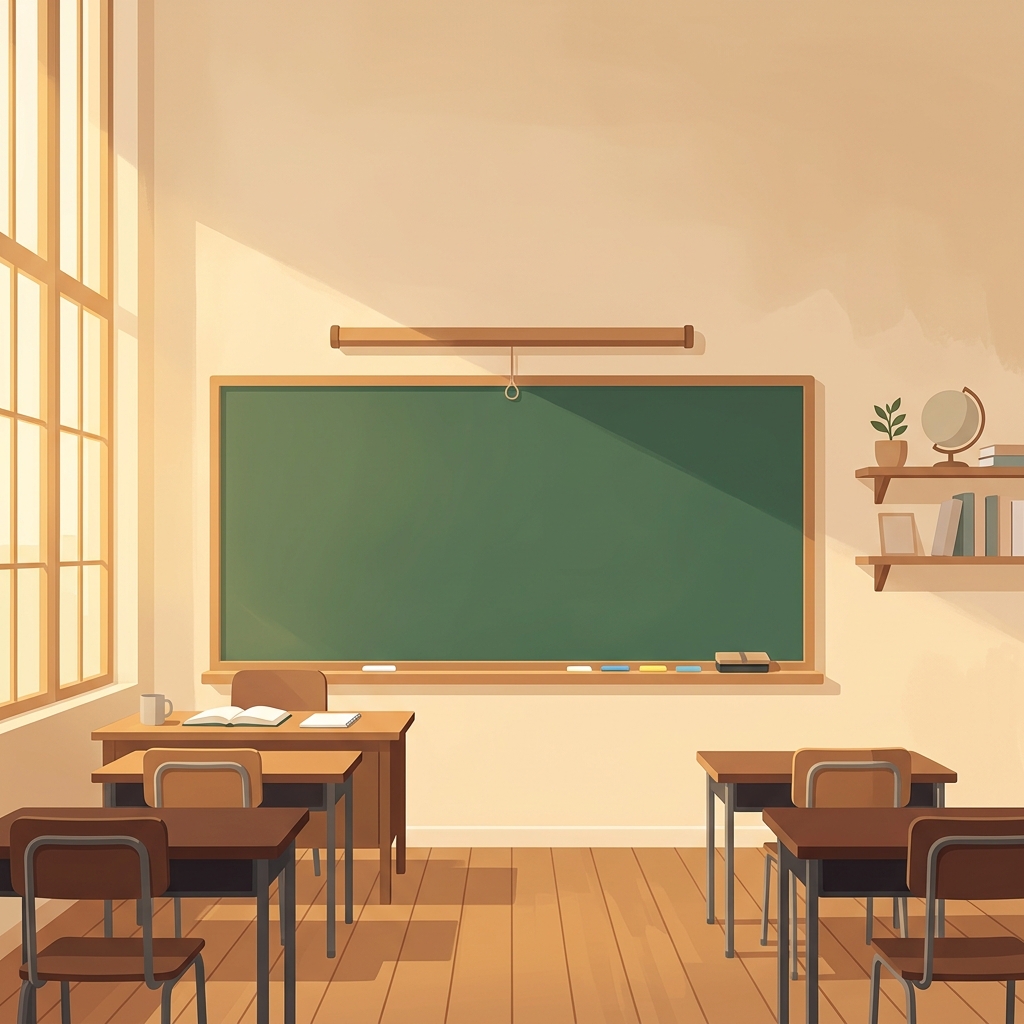 Minimal flat illustration of a blank green chalkboard in a classroom, wide shot with open space at the top for text, warm golden light, calm mood, 1:1 aspect ratio