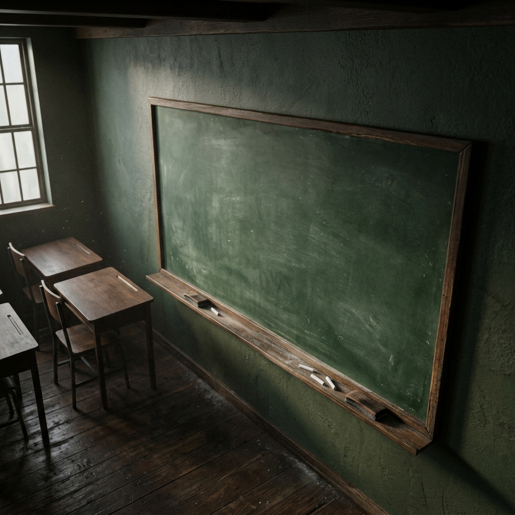 Soft 3d render of a blank green chalkboard in a classroom, high-angle view from above, moody dark tones, dramatic lighting, 1:1 aspect ratio