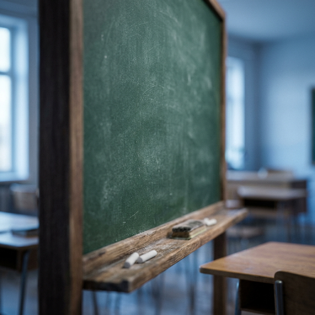 Soft 3d render of a blank green chalkboard in a classroom, close-up detail with shallow depth of field, cool blue tones, quiet atmosphere, 1:1 aspect ratio