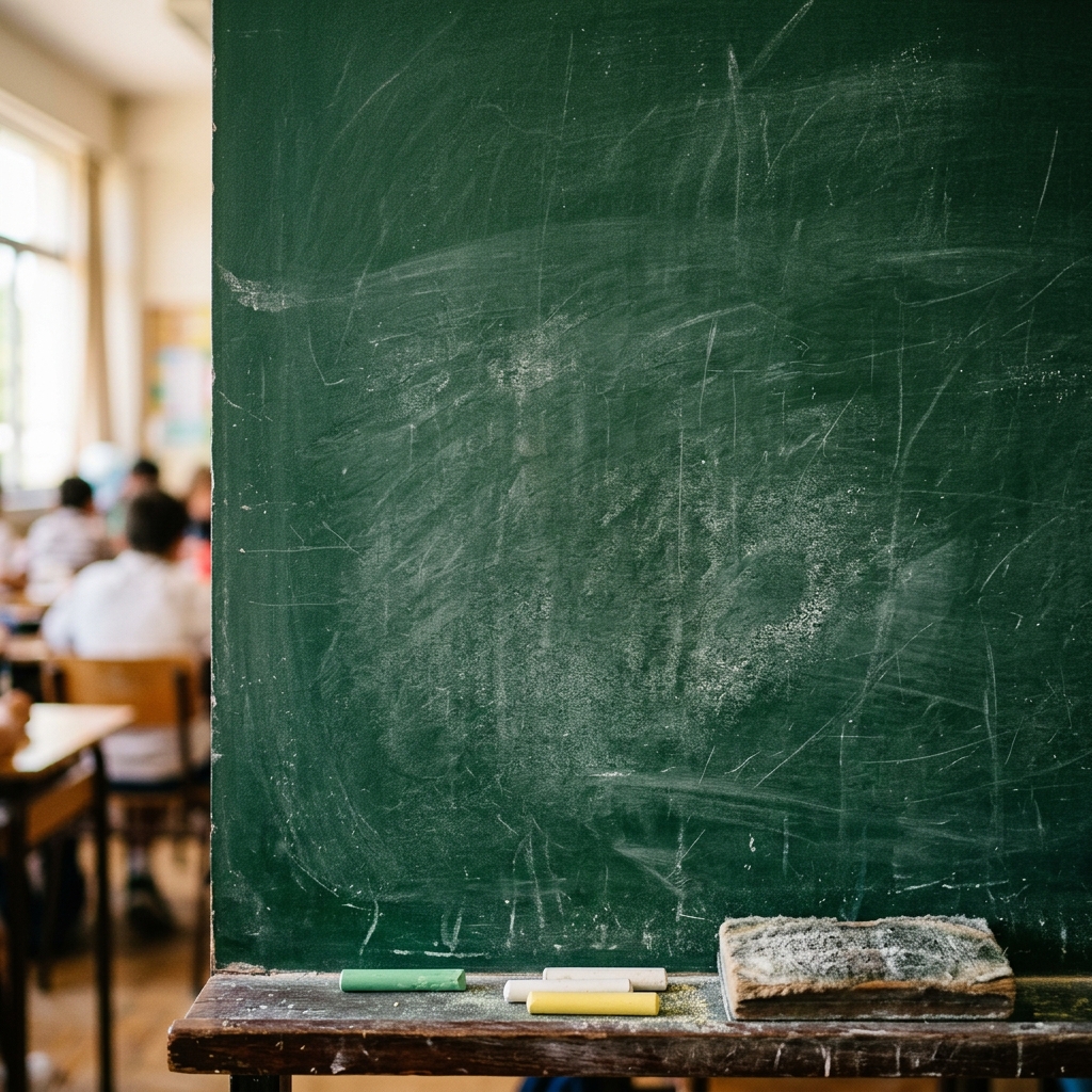 Photorealistic photo of a blank green chalkboard in a classroom, close-up detail with shallow depth of field, vivid colors, high contrast, energetic, 1:1 aspect ratio