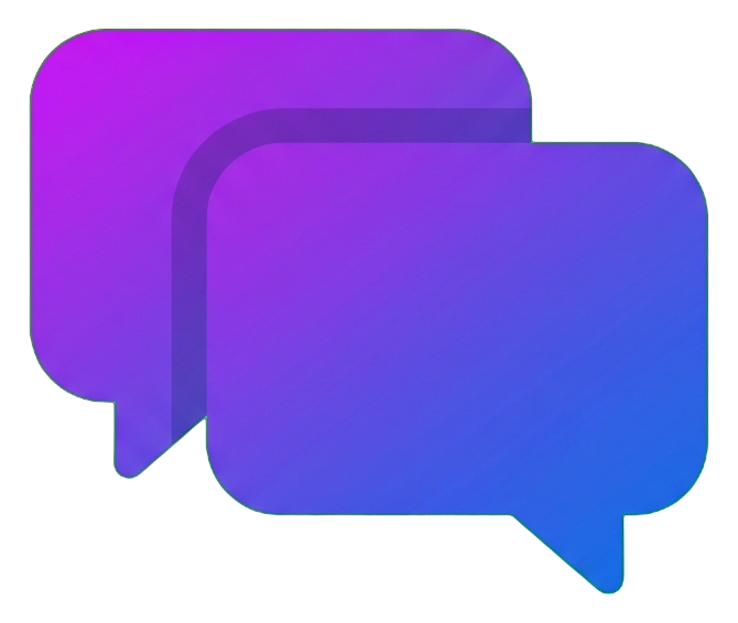 Gradient app-style icon, purple to blue gradient of two overlapping chat bubbles icon, transparent background PNG