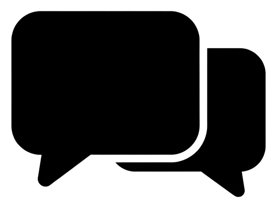 Bold black glyph icon, solid filled silhouette of two overlapping chat bubbles icon, transparent background PNG
