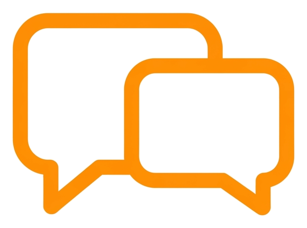 Rounded line icon, thick orange outline of two overlapping chat bubbles icon, transparent background PNG
