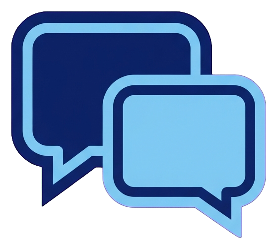 Duotone icon, navy blue and light blue of two overlapping chat bubbles icon, transparent background PNG