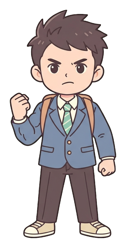 Simple cute flat cartoon illustration with soft pastel colors and thin clean dark outlines of a high school boy, student clenching a fist with a determined face, ready for an exam, transparent background PNG