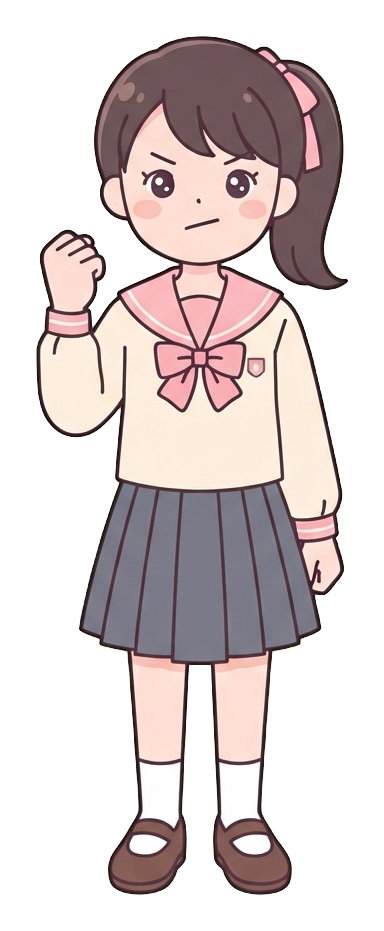 Simple cute flat cartoon illustration with soft pastel colors and thin clean dark outlines of a high school girl, student clenching a fist with a determined face, ready for an exam, transparent background PNG