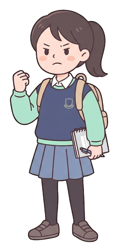Simple cute flat cartoon illustration with soft pastel colors and thin clean dark outlines of a university student woman, student clenching a fist with a determined face, ready for an exam, transparent background PNG
