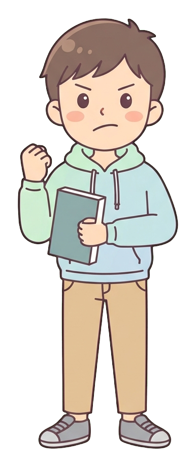 Simple cute flat cartoon illustration with soft pastel colors and thin clean dark outlines of a university student man, student clenching a fist with a determined face, ready for an exam, transparent background PNG