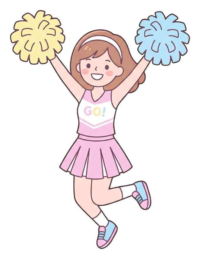 Simple cute flat cartoon illustration with soft pastel colors and thin clean dark outlines of a young woman, person cheering with pom-poms, transparent background PNG