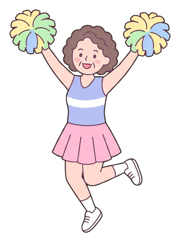 Simple cute flat cartoon illustration with soft pastel colors and thin clean dark outlines of a middle-aged woman, person cheering with pom-poms, transparent background PNG