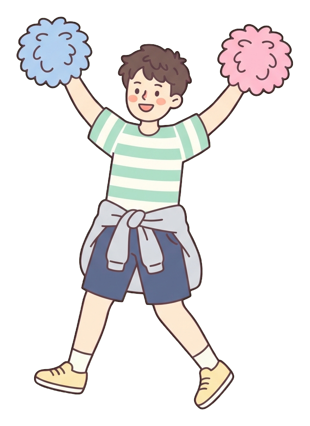 Simple cute flat cartoon illustration with soft pastel colors and thin clean dark outlines of a young man, person cheering with pom-poms, transparent background PNG