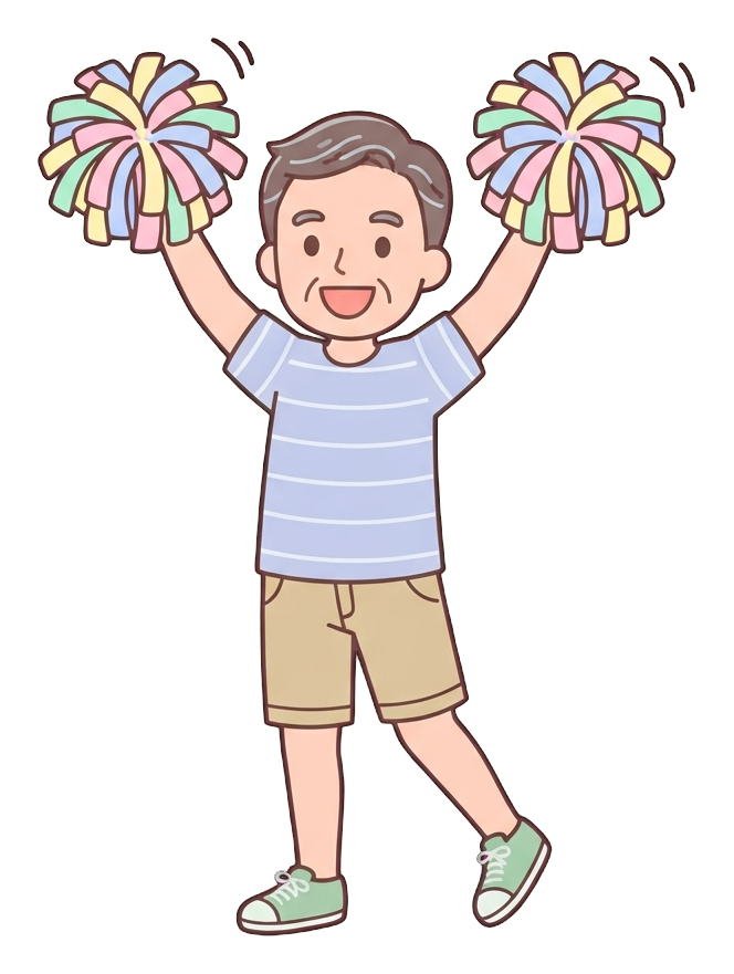 Simple cute flat cartoon illustration with soft pastel colors and thin clean dark outlines of a middle-aged man, person cheering with pom-poms, transparent background PNG