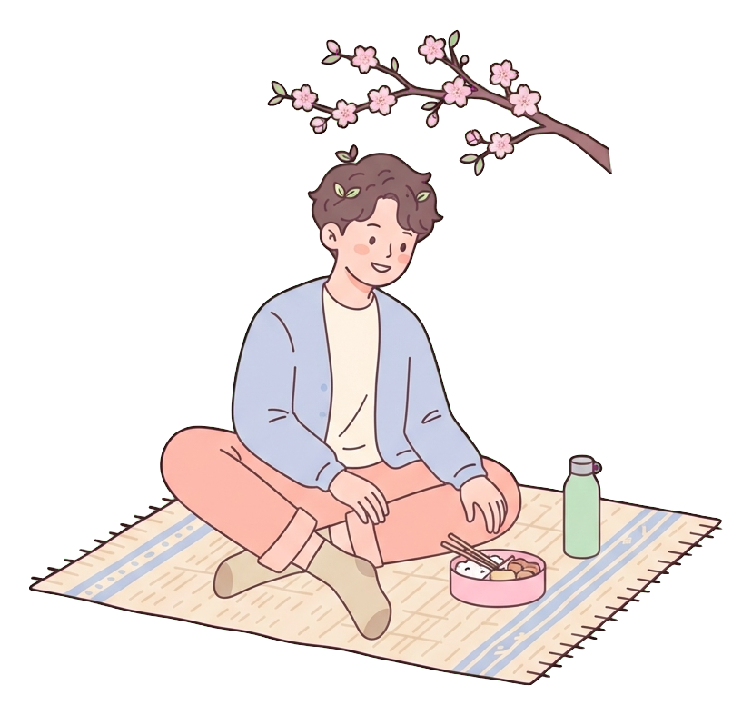 Simple cute flat cartoon illustration with soft pastel colors and thin clean dark outlines of a young man, person sitting on a picnic mat under a small cherry blossom branch, transparent background PNG