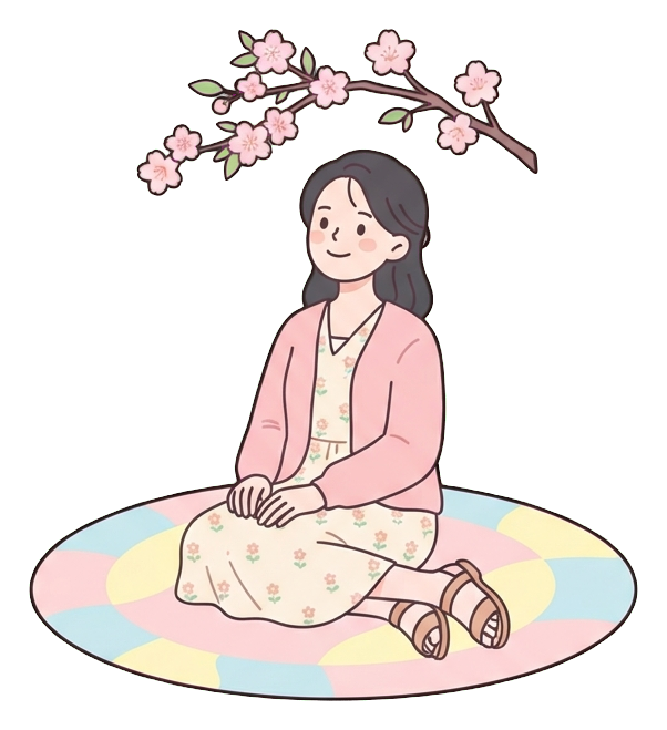 Simple cute flat cartoon illustration with soft pastel colors and thin clean dark outlines of a young woman, person sitting on a picnic mat under a small cherry blossom branch, transparent background PNG