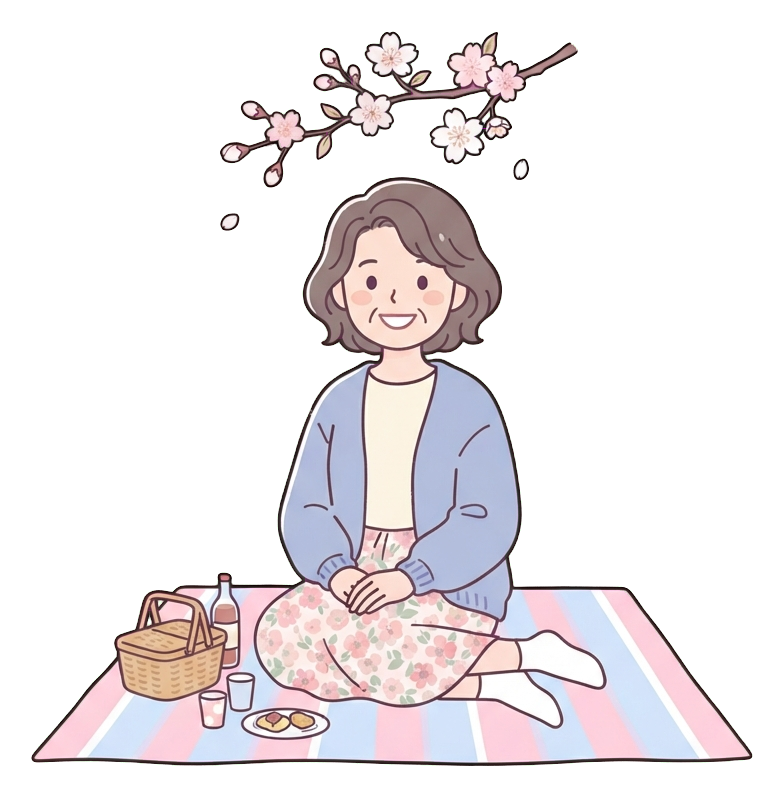 Simple cute flat cartoon illustration with soft pastel colors and thin clean dark outlines of a middle-aged woman, person sitting on a picnic mat under a small cherry blossom branch, transparent background PNG