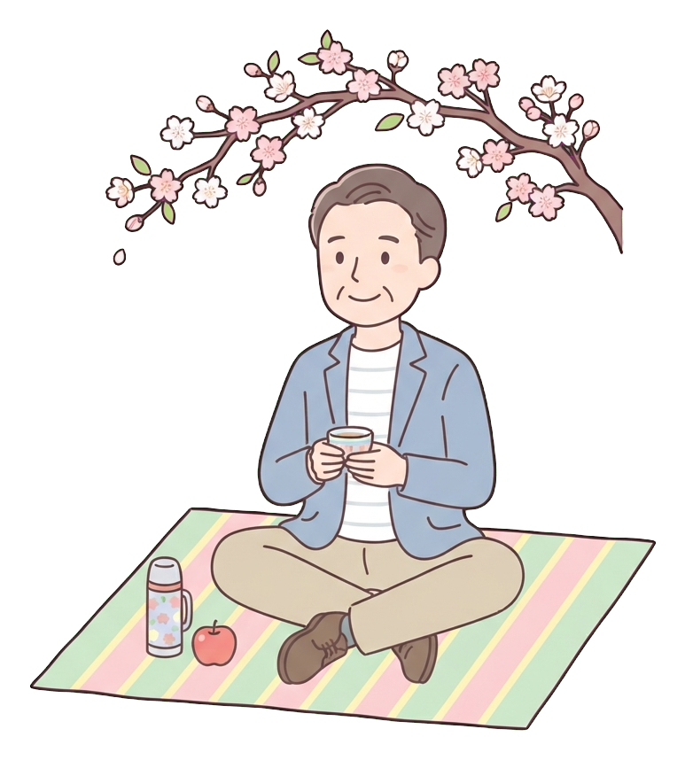 中年的簡約可愛扁平風格卡通插畫，柔和粉嫩色彩與乾淨細緻的深色輪廓，坐在櫻花小樹枝下野餐墊上賞花的男子，透明背景PNG