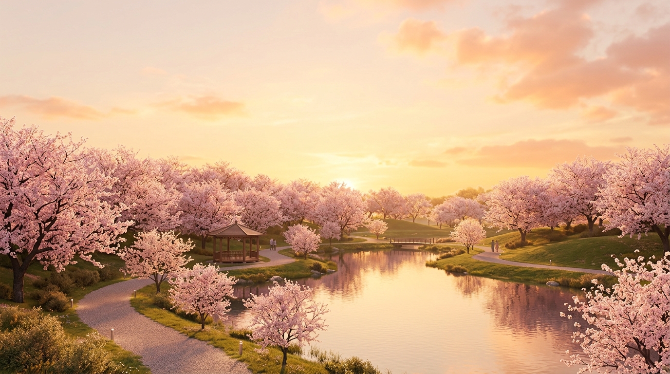 Soft 3d render of cherry blossom trees in full bloom, wide shot with open space at the top for text, warm golden light, calm mood, 16:9 aspect ratio