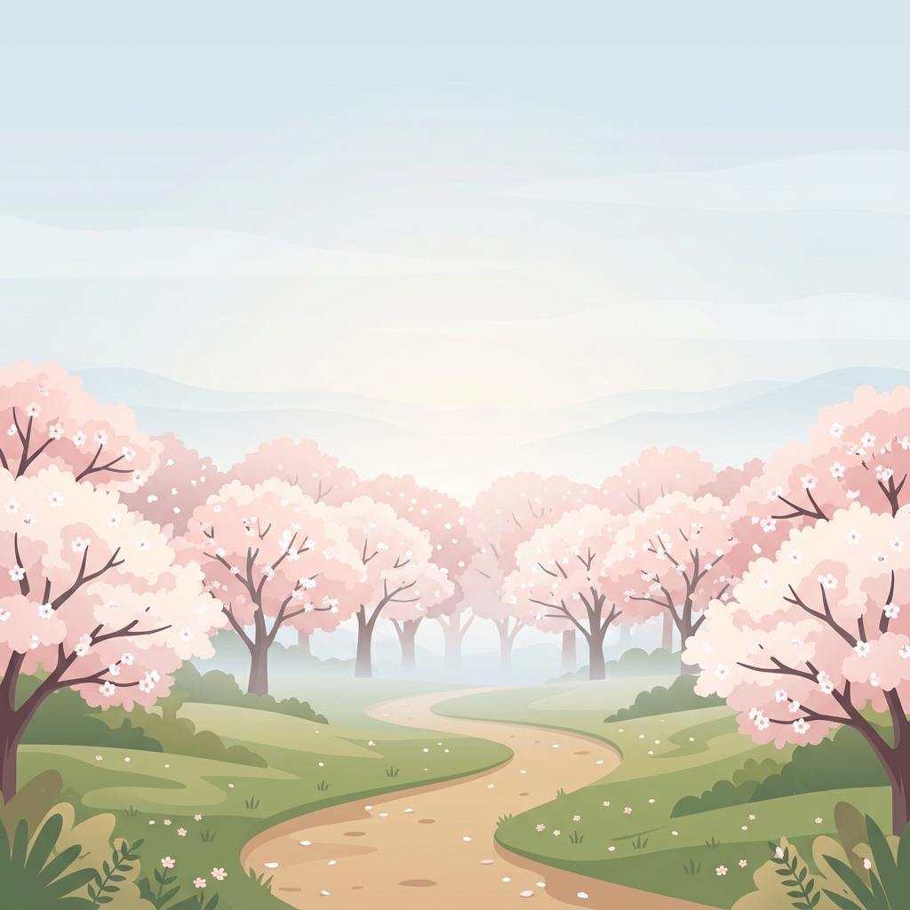 Minimal flat illustration of cherry blossom trees in full bloom, wide shot with open space at the top for text, misty morning haze, dreamy, 1:1 aspect ratio