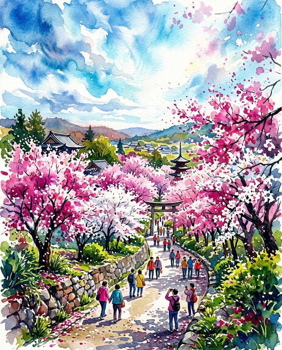 Watercolor illustration of cherry blossom trees in full bloom, wide shot with open space at the top for text, vivid colors, high contrast, energetic, 4:5 aspect ratio