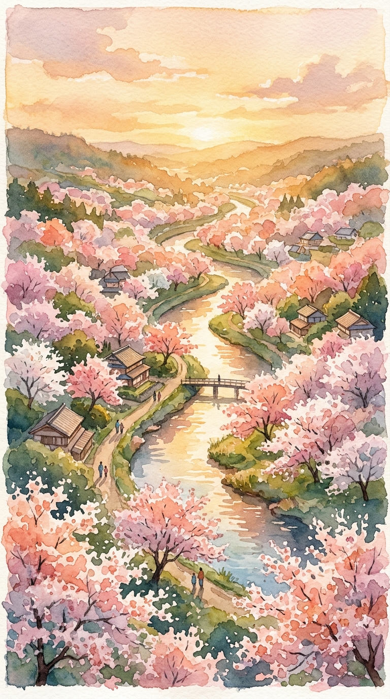 만개한 벚꽃 나무, 수채화 일러스트, 위에서 내려다본 구도, 따뜻한 황금빛, 차분한 분위기, 9:16 비율