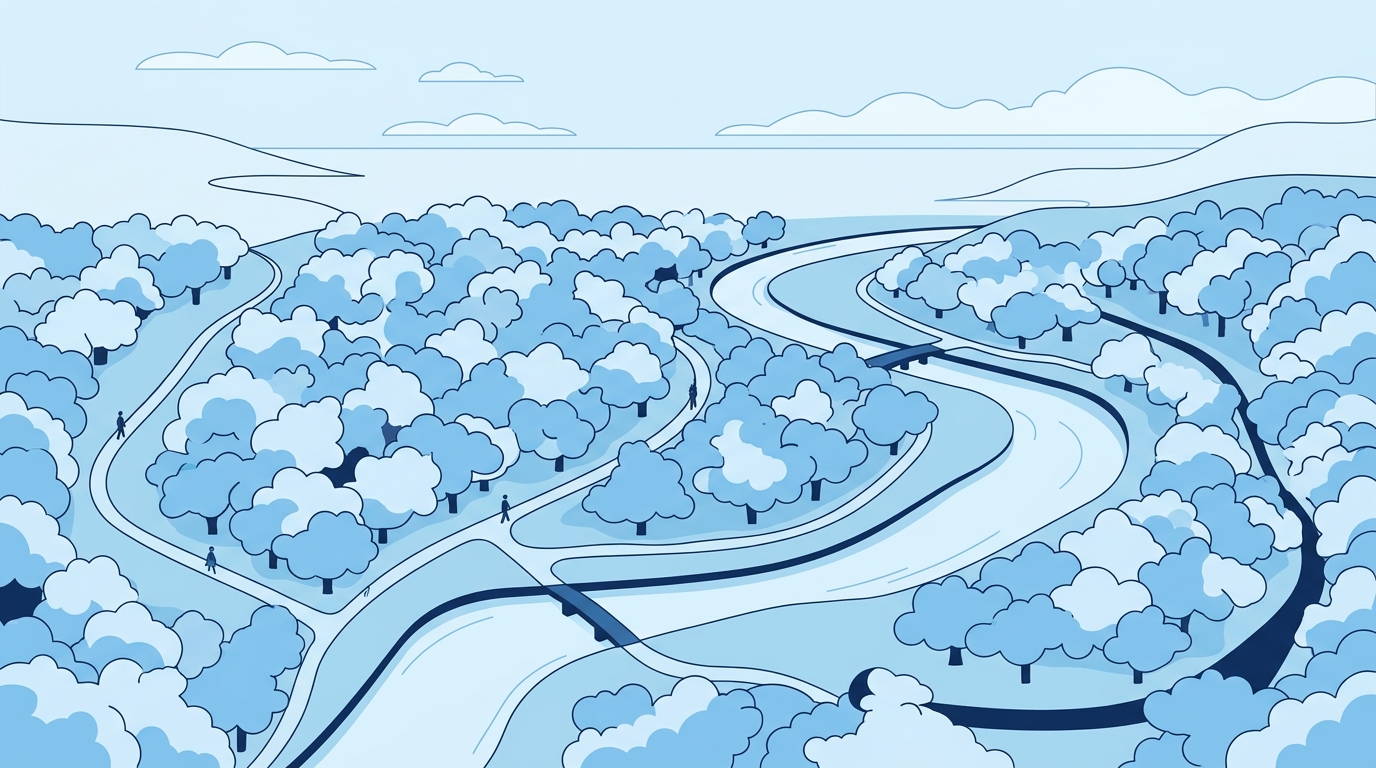 Minimal flat illustration of cherry blossom trees in full bloom, high-angle view from above, cool blue tones, quiet atmosphere, 16:9 aspect ratio