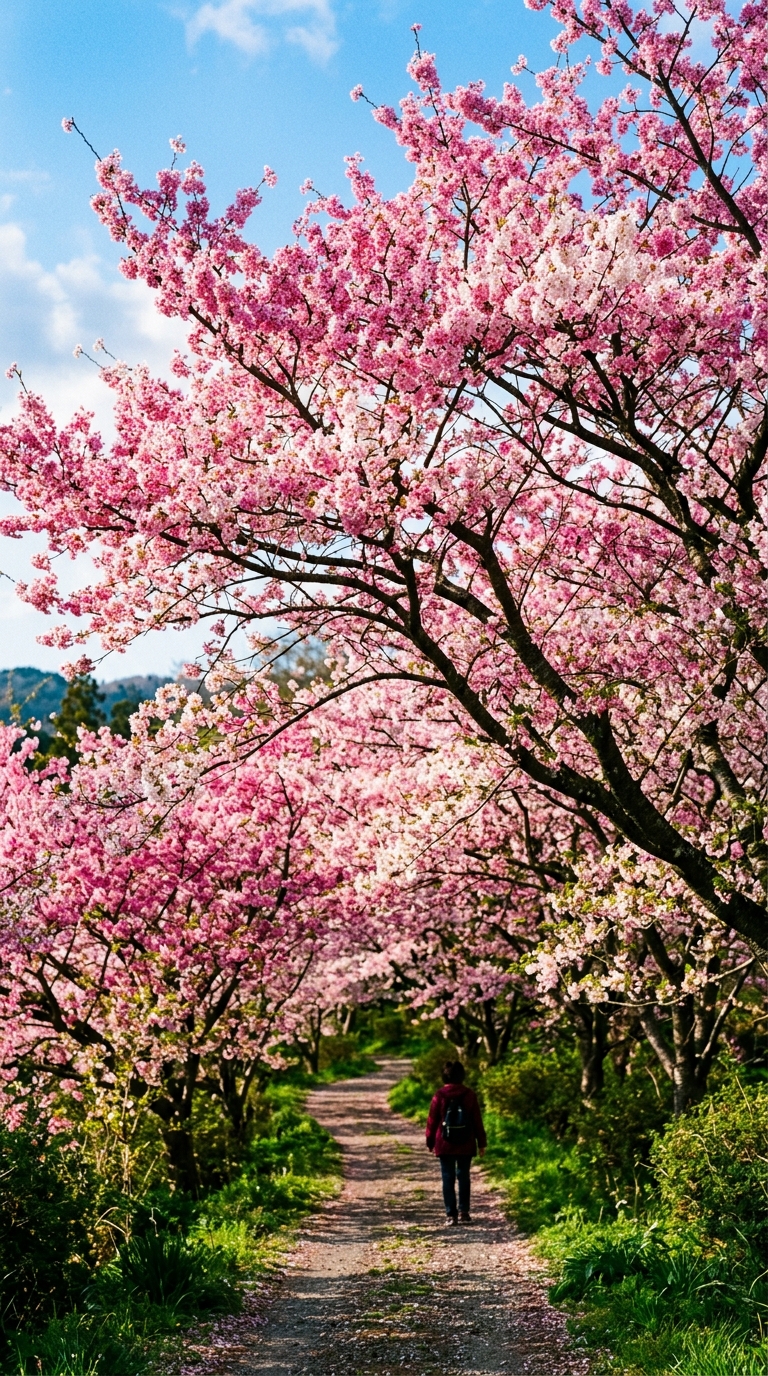 만개한 벚꽃 나무, 시네마틱 영화 장면, 단순하고 깔끔한 구도 가운데 놓인 피사체, 선명한 색감, 강한 대비, 생동감 있는 분위기, 9:16 비율