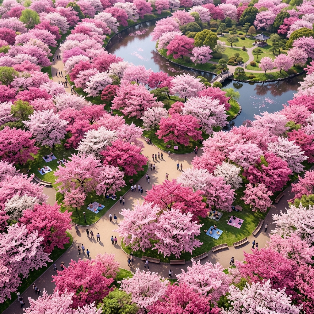 Soft 3d render of cherry blossom trees in full bloom, high-angle view from above, vivid colors, high contrast, energetic, 1:1 aspect ratio